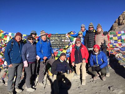 The group of trekkers at the Thorong La pass. 