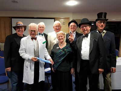 The stars of the The Great Balloon Debate (L-R): Bob Dylan/Tony Loughran; Alexander Fleming/Richard Kemball-Cook; Grandfather of Little Red Riding Hood/John Harris; Speaker/Peter Hermitage; Mary Queen