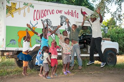 Youngsters pictured with the community outreach vehicle. 