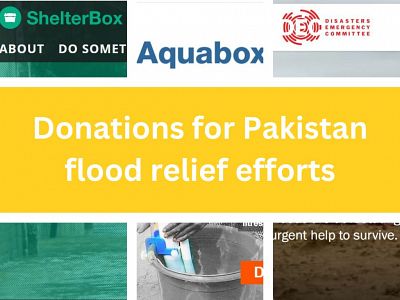 Composite image with test saying Donations for Pakistan flood relief efforts