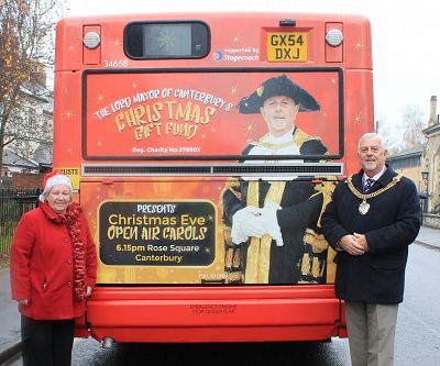 Sheila Cragg (left) with Lord Mayor of Canterbury, Councillor Colin Spooner and the bus promoting the Lord Mayor